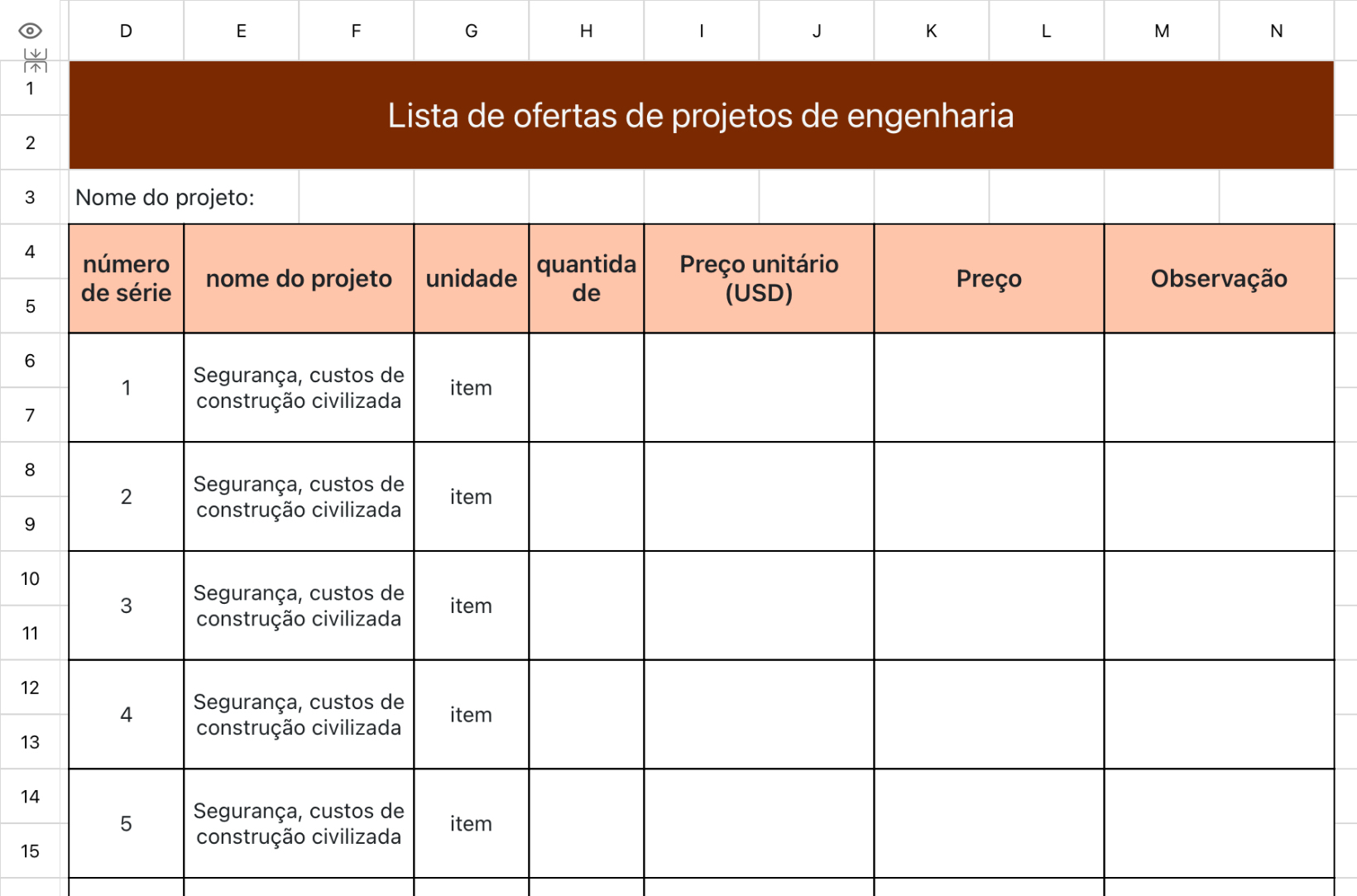Lista de ofertas de projetos de licitação